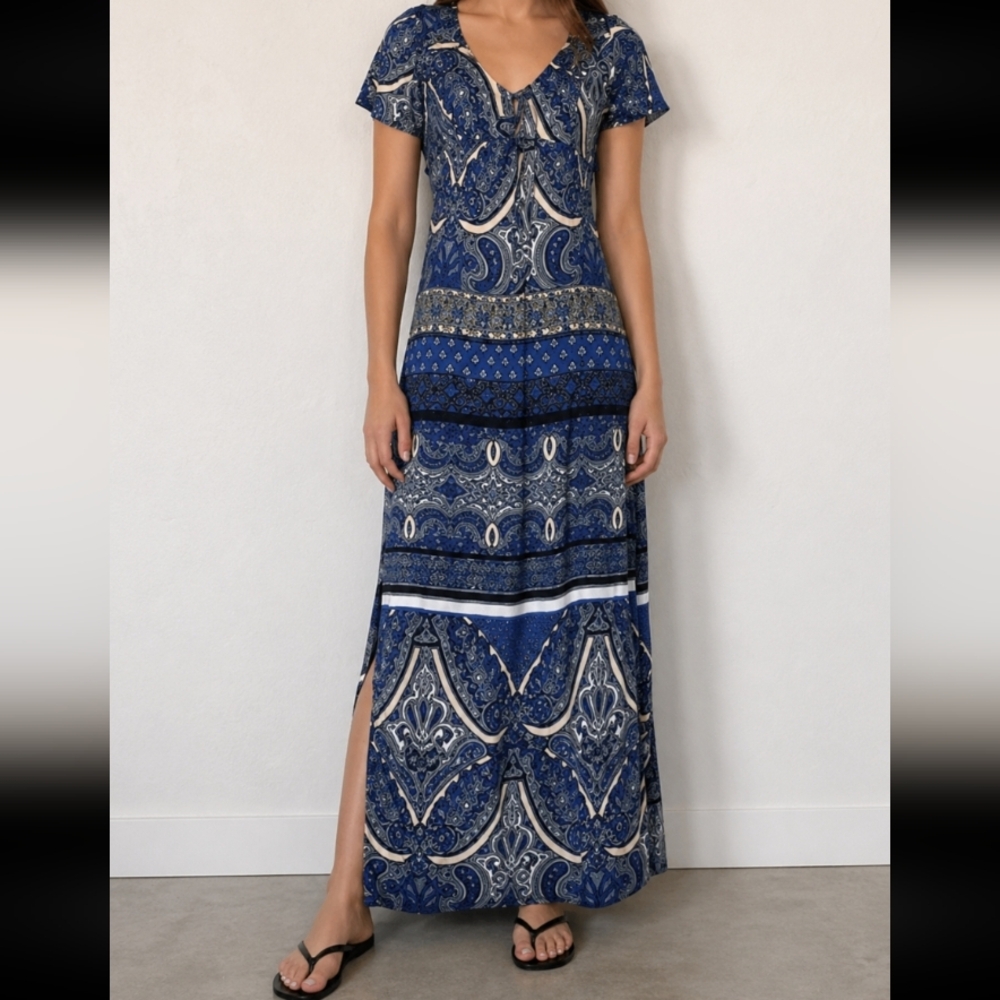 TOBI Blue Maxi Side Splits Open Back Paisley Dress